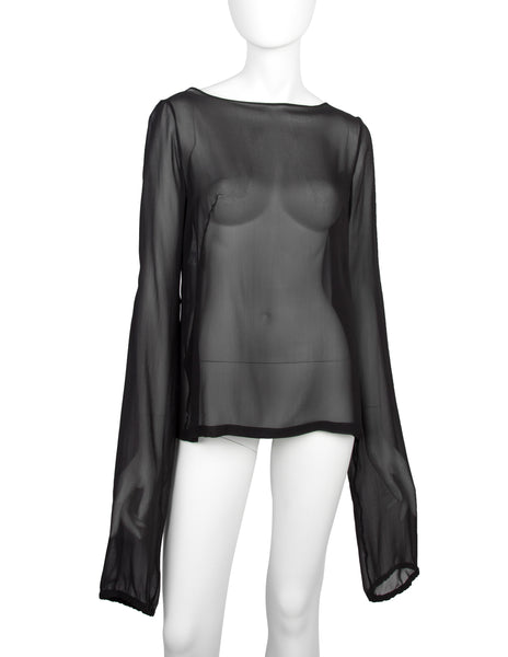 Martin Margiela Vintage SS 2001 Sheer Black Silk Chiffon Top with Extra Long Sleeves