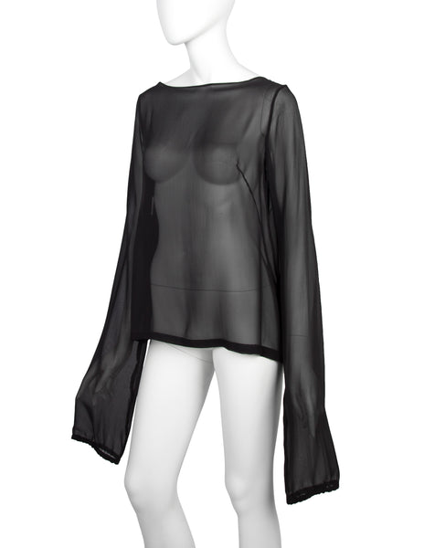 Martin Margiela Vintage SS 2001 Sheer Black Silk Chiffon Top with Extra Long Sleeves