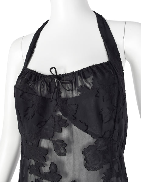 Martine Sitbon Vintage 1990s Sheer Black Floral High-Low Halter Dress