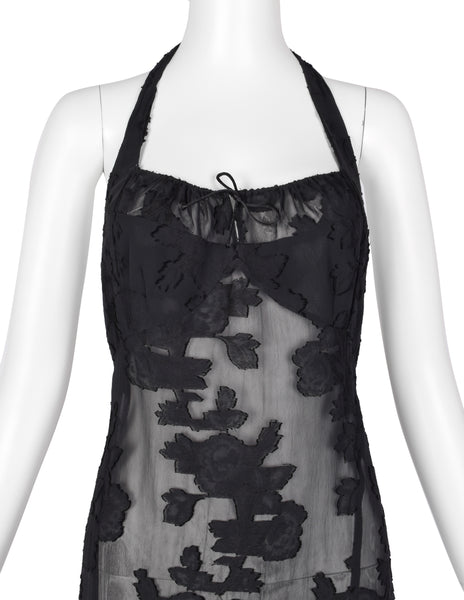 Martine Sitbon Vintage 1990s Sheer Black Floral High-Low Halter Dress