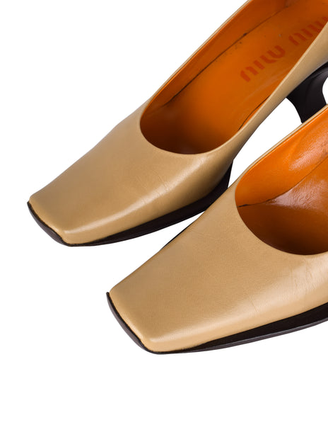 Miu Miu Vintage 1990s Beige and Brown Leather Square Toe Pumps