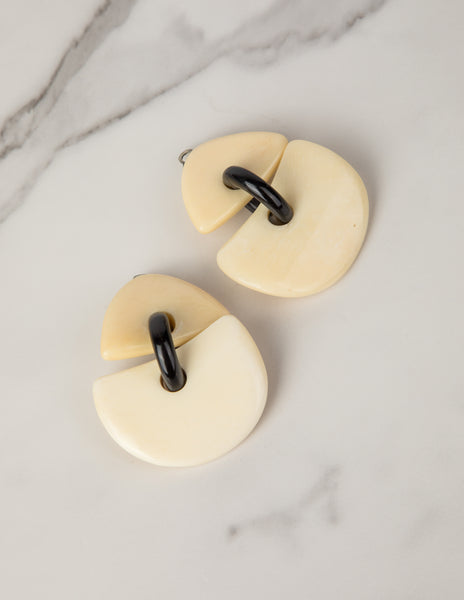 Monies Vintage Carved Curved Bone and Ebony Oversized Dangling Earrings
