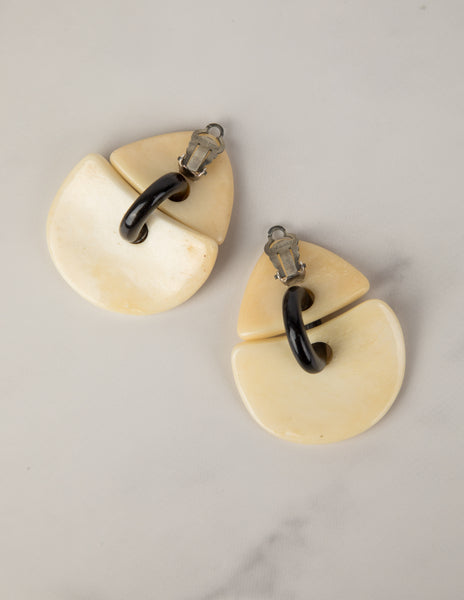 Monies Vintage Carved Curved Bone and Ebony Oversized Dangling Earrings