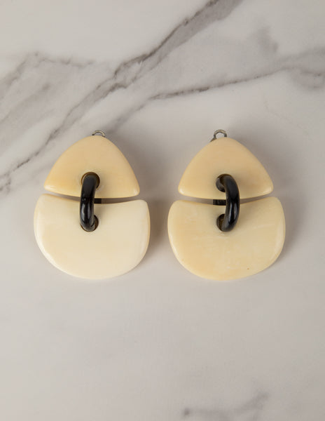 Monies Vintage Carved Curved Bone and Ebony Oversized Dangling Earrings