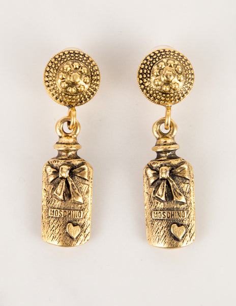 Moschino Vintage Brassy Dangling Novelty Bottle Earrings