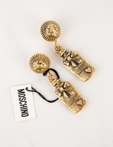 Moschino Vintage Brassy Dangling Novelty Bottle Earrings
