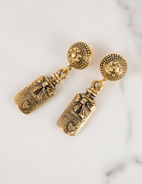 Moschino Vintage Brassy Dangling Novelty Bottle Earrings