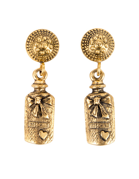 Moschino Vintage Brassy Dangling Novelty Bottle Earrings