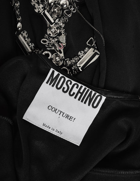 Moschino Couture! Vintage SS 1998 Black Silver Peace Love Hardware Embellished Wrap Dress