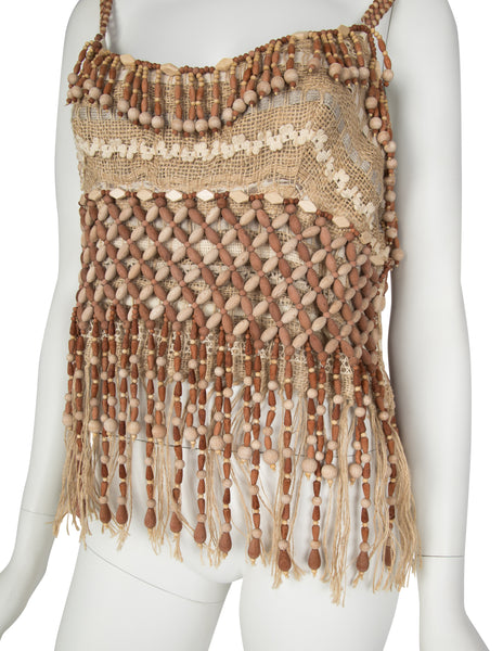 Moschino Couture! Vintage 1990s Wooden Beaded Fringe Top