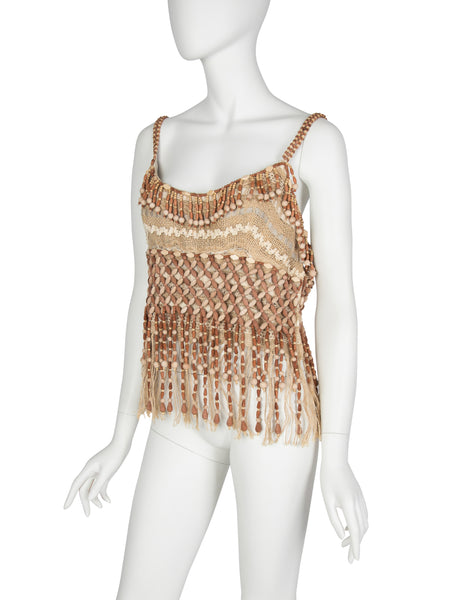 Moschino Couture! Vintage 1990s Wooden Beaded Fringe Top