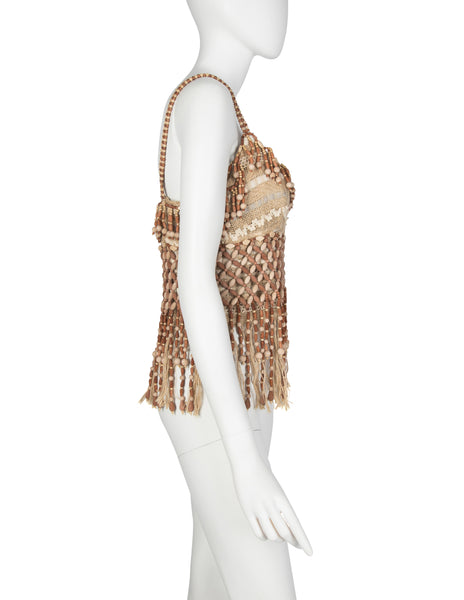 Moschino Couture! Vintage 1990s Wooden Beaded Fringe Top