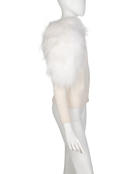 Thierry Mugler Vintage Early 1980s Ivory Angora and Marabou Feather Cardigan Sweater