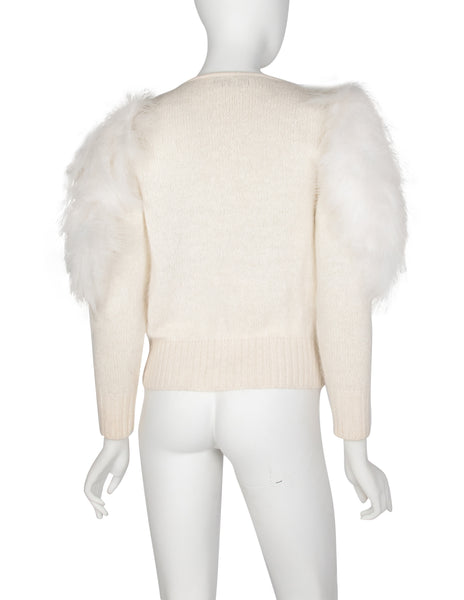 Thierry Mugler Vintage Early 1980s Ivory Angora and Marabou Feather Cardigan Sweater