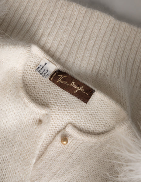 Thierry Mugler Vintage Early 1980s Ivory Angora and Marabou Feather Cardigan Sweater