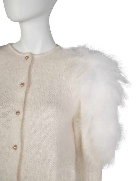 Thierry Mugler Vintage Early 1980s Ivory Angora and Marabou Feather Cardigan Sweater