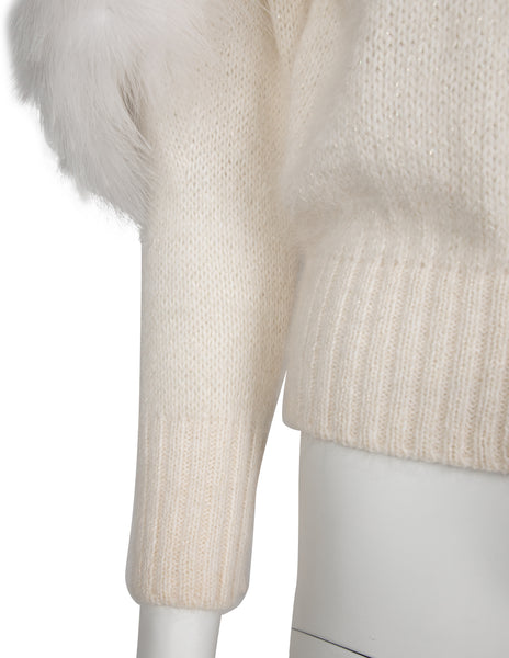 Thierry Mugler Vintage Early 1980s Ivory Angora and Marabou Feather Cardigan Sweater