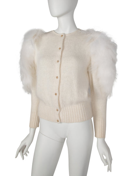 Thierry Mugler Vintage Early 1980s Ivory Angora and Marabou Feather Cardigan Sweater