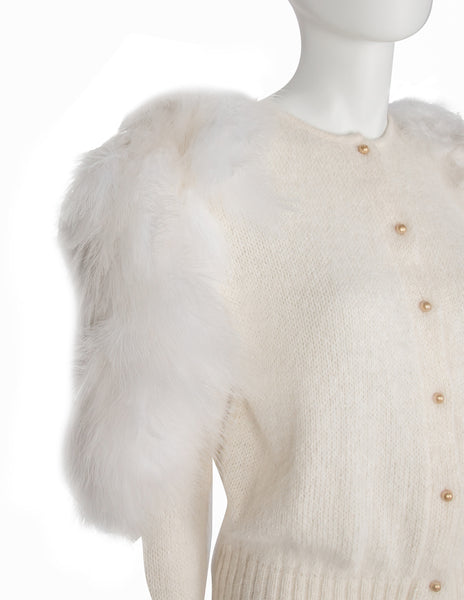 Thierry Mugler Vintage Early 1980s Ivory Angora and Marabou Feather Cardigan Sweater
