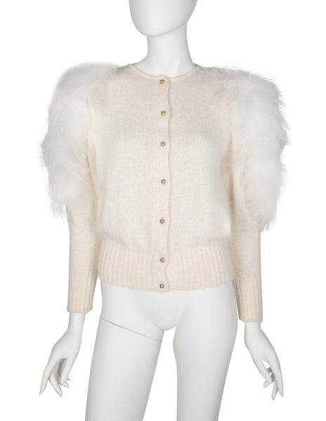 Thierry Mugler Vintage Early 1980s Ivory Angora and Marabou Feather Cardigan Sweater