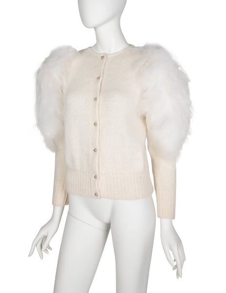 Thierry Mugler Vintage Early 1980s Ivory Angora and Marabou Feather Cardigan Sweater