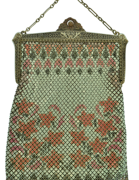 Sahatiel Mandalian Vintage 1920s Turkish Inspired Pearl Floral Enamel Chainmail Metal Mesh Handbag