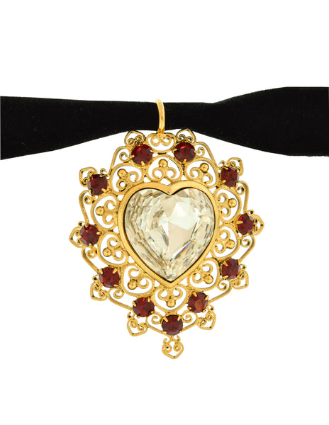 Marie Ferra Vintage Large Ornate Heart Pendant Velvet Choker Necklace