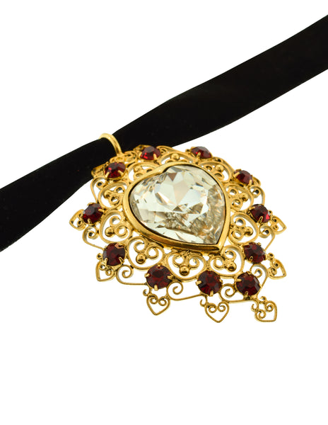 Marie Ferra Vintage Large Ornate Heart Pendant Velvet Choker Necklace
