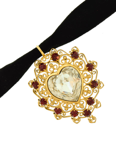 Marie Ferra Vintage Large Ornate Heart Pendant Velvet Choker Necklace
