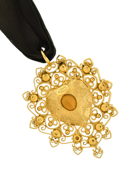 Marie Ferra Vintage Large Ornate Heart Pendant Velvet Choker Necklace