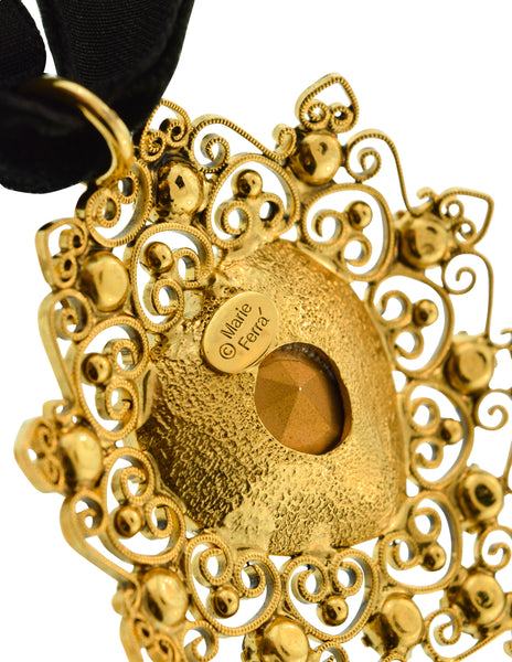 Marie Ferra Vintage Large Ornate Heart Pendant Velvet Choker Necklace