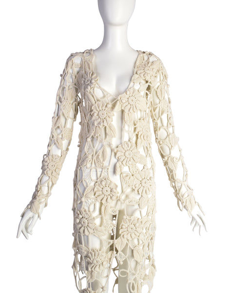 Mitsuhiro Matsuda Vintage Early 1990s Cream Crochet and Open Knit Duster Cardigan Sweater