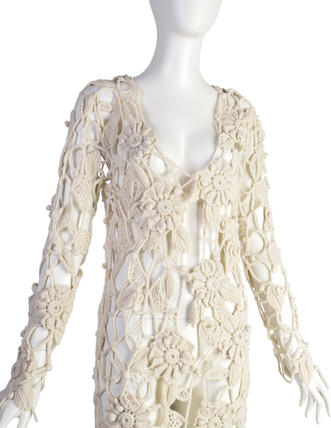 Mitsuhiro Matsuda Vintage Early 1990s Cream Crochet and Open Knit Duster Cardigan Sweater