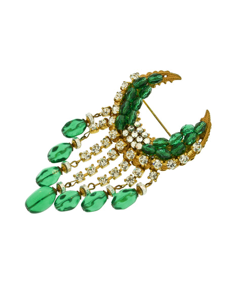 Miriam Haskell Vintage Emerald Glass Rhinestone Fringe Brass Crescent Brooch Pin