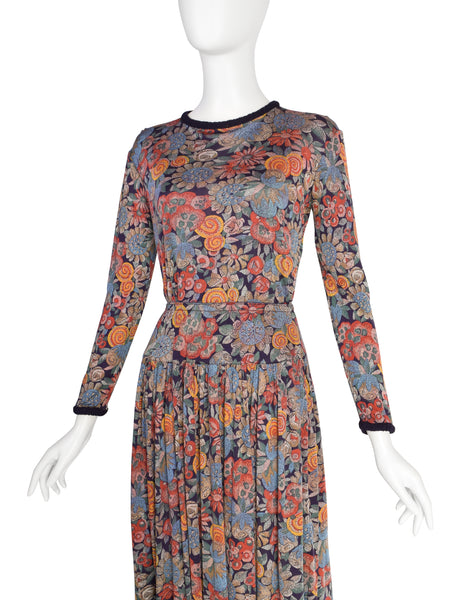 Missoni Vintage 1970s Pointillism Floral Silk Jersey Top Skirt Set Ensemble