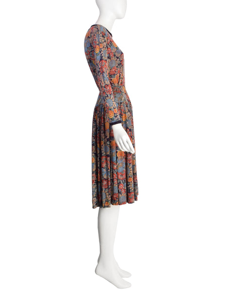 Missoni Vintage 1970s Pointillism Floral Silk Jersey Top Skirt Set Ensemble
