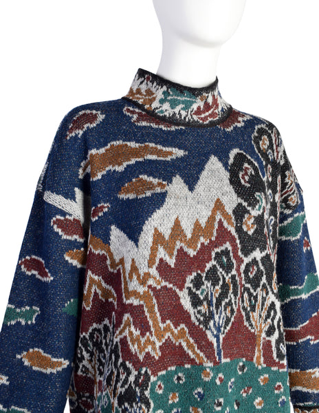 Missoni Vintage 1980s Mushroom Woodland Landscape Pictorial Intarsia Oversized Sweater