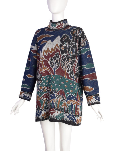 Missoni Vintage 1980s Mushroom Woodland Landscape Pictorial Intarsia Oversized Sweater