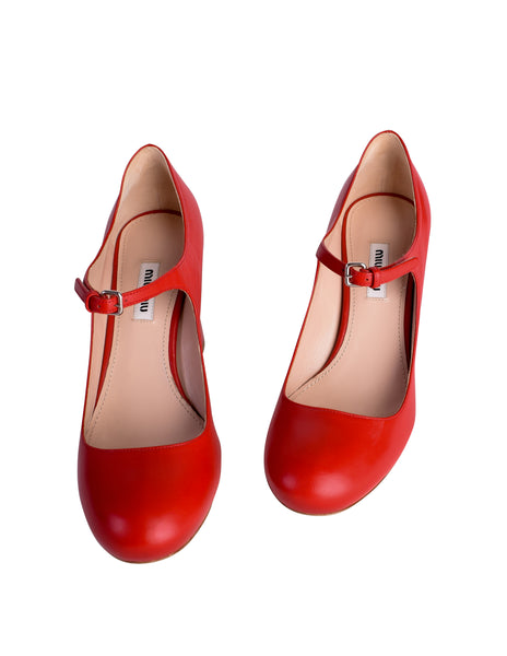 Miu Miu Vintage Cherry Red Leather Large Rhinestone Adorned Mary Jane Heels