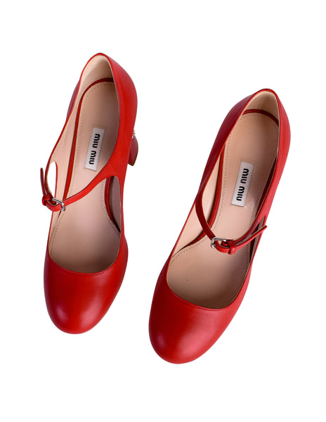 Miu Miu Vintage Cherry Red Leather Large Rhinestone Adorned Mary Jane Heels