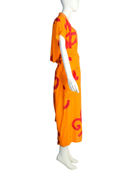 Mondrian Vintage 1980s Orange and Red Print Wrapping Back Vent Dress
