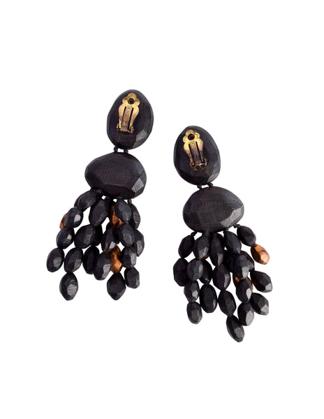 Monies Vintage Black Acacia Wood and Bronze Foil Oversized Fringe Earrings