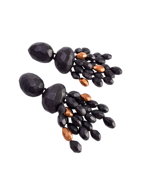 Monies Vintage Black Acacia Wood and Bronze Foil Oversized Fringe Earrings