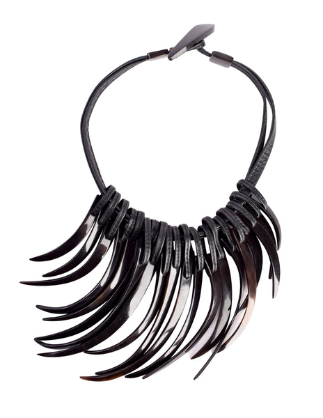 Monies Vintage Curved Blackened Horn and Leather Statement Necklace