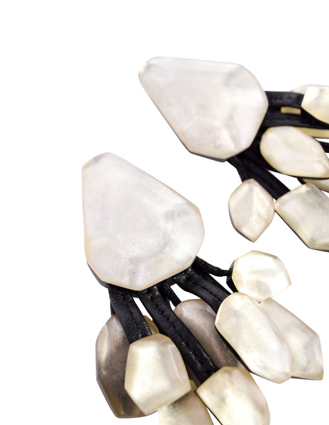 Monies Vintage Oversized Faceted Ebony and Encased Silver Foil Leather Fringe Earrings