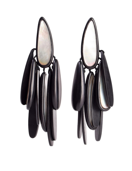 Monies Vintage Oversized Ebony and Mother of Pearl Teardrop Fringe Earrings