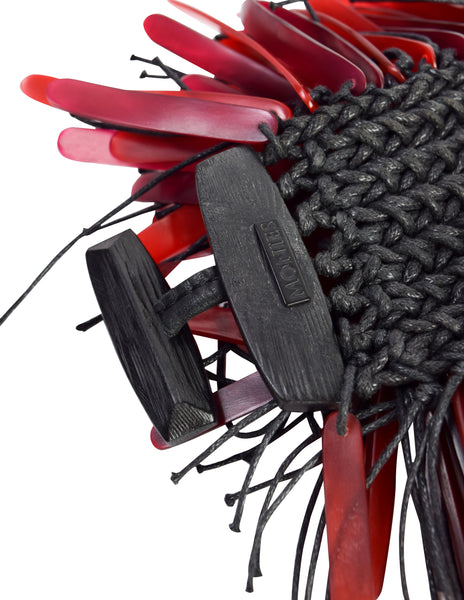 Monies Vintage Exceptional Red Horn Black Rope Fringe Statement Bracelet