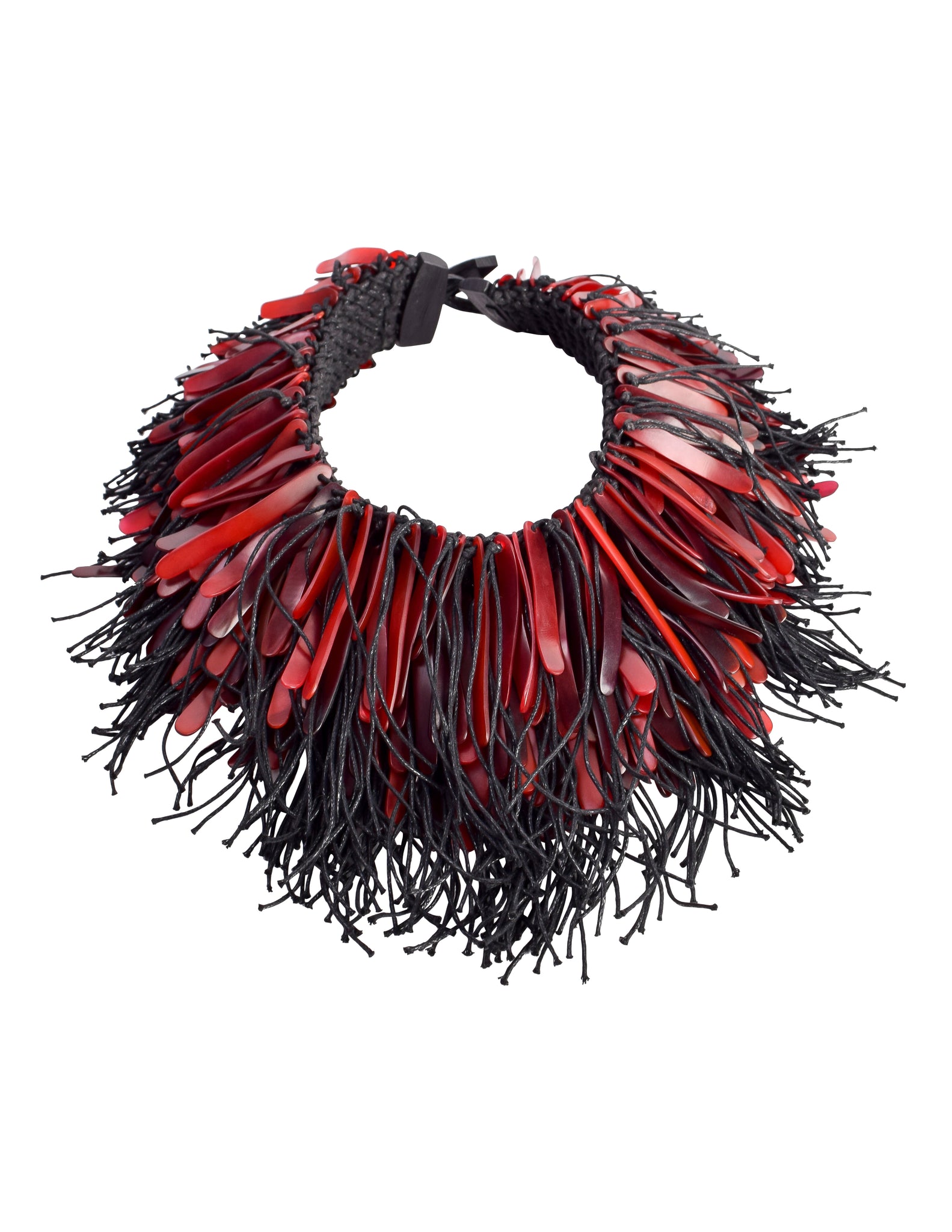 Monies Vintage Exceptional Red Horn Black Rope Fringe Statement Necklace
