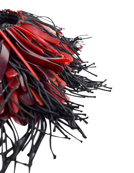 Monies Vintage Exceptional Red Horn Black Rope Fringe Statement Necklace