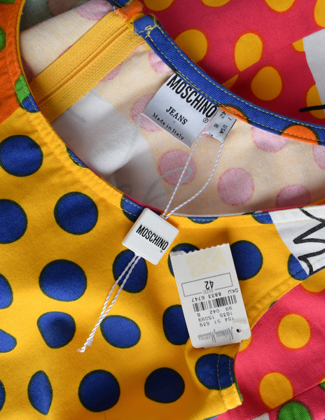 Moschino Vintage 1990s Multicolor Polka Dot Denim Cut Out Mini Dress
